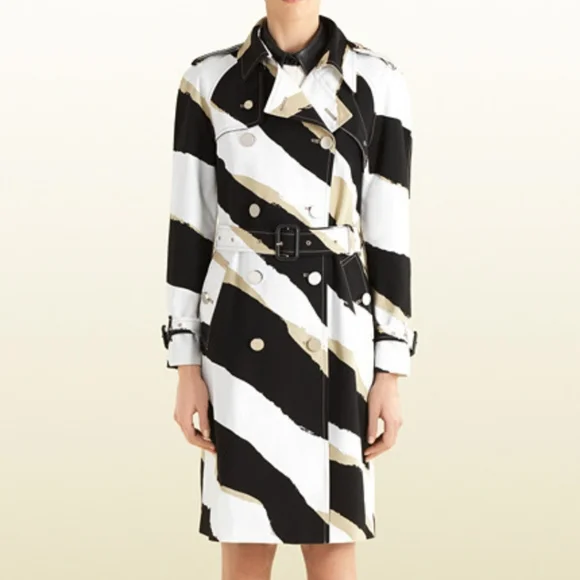 Black/White/Tan Black/White/Tan Zebra Pattern Printed Coat/Trench Coat - Picture 6 of 11